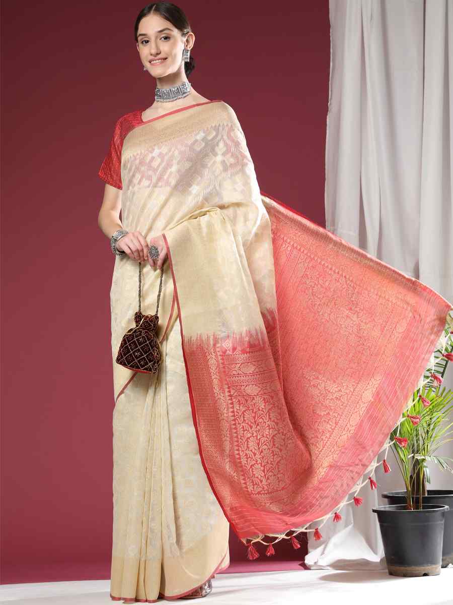Off White Soft Organza Silk Handwoven Wedding Festival Heavy Border Saree