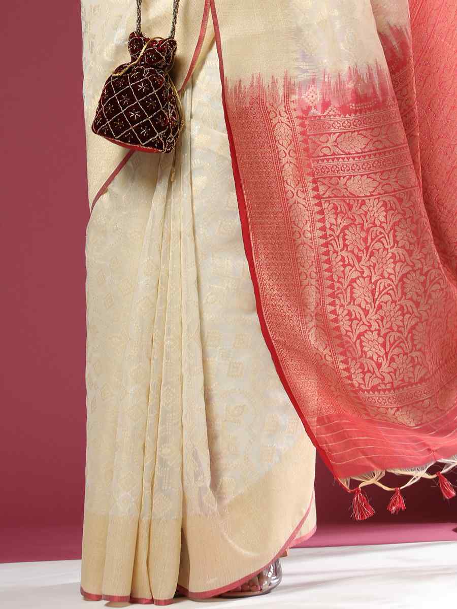 Off White Soft Organza Silk Handwoven Wedding Festival Heavy Border Saree