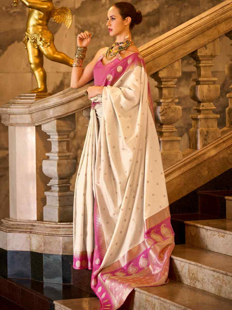 Off-White Soft Silk Handwoven Festival Wedding Fancy Heavy Border Saree