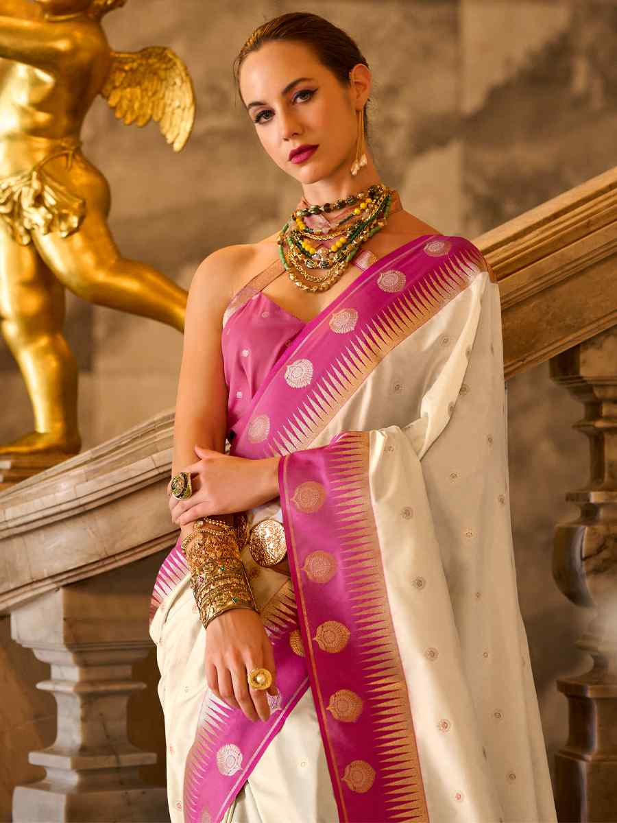 Off-White Soft Silk Handwoven Festival Wedding Fancy Heavy Border Saree