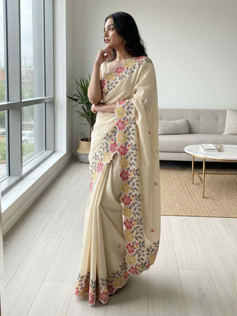 Off-White Soft Star Georgette Embroidery Bridal Reception Festival Wedding Fancy Heavy Border Saree