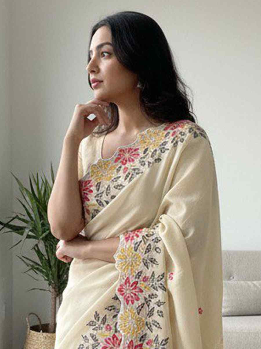 Off-White Soft Star Georgette Embroidery Bridal Reception Festival Wedding Fancy Heavy Border Saree