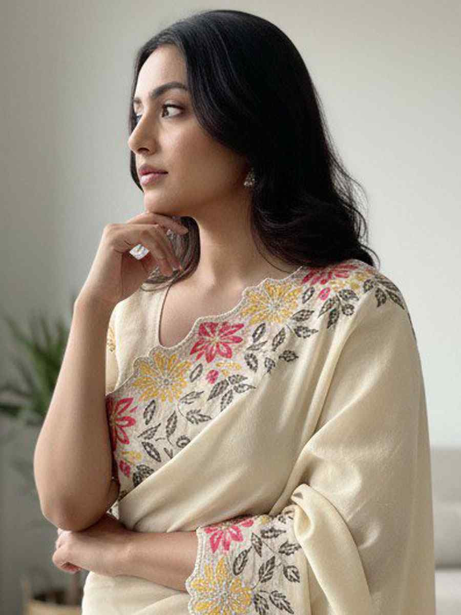 Off-White Soft Star Georgette Embroidery Bridal Reception Festival Wedding Fancy Heavy Border Saree