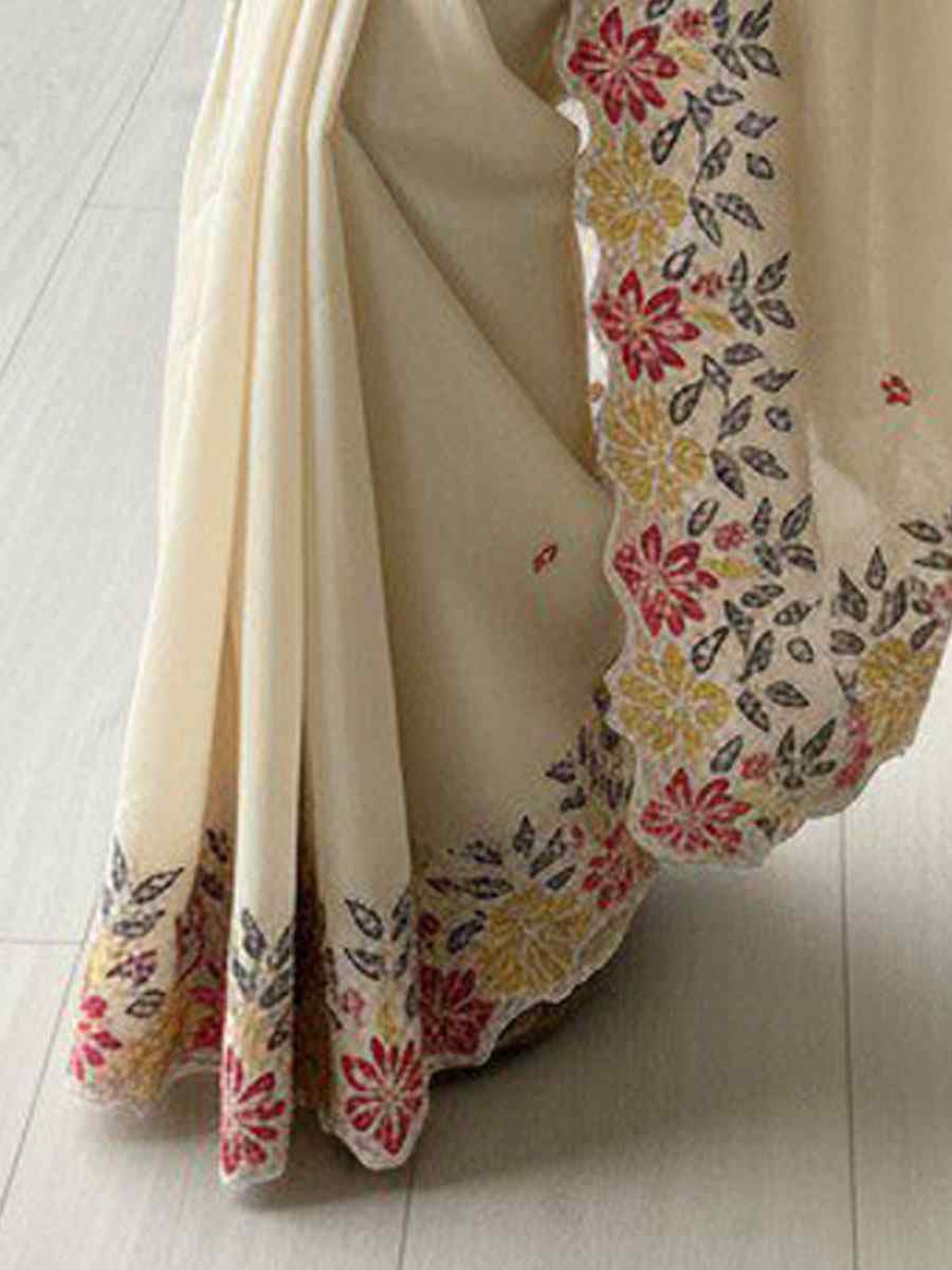 Off-White Soft Star Georgette Embroidery Bridal Reception Festival Wedding Fancy Heavy Border Saree