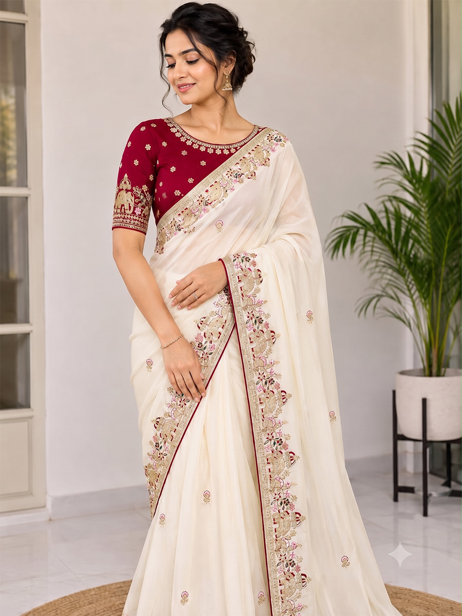 Off White Star Georgette Embroidery Wedding Reception Party Festival Casual Heavy Border Sarees
