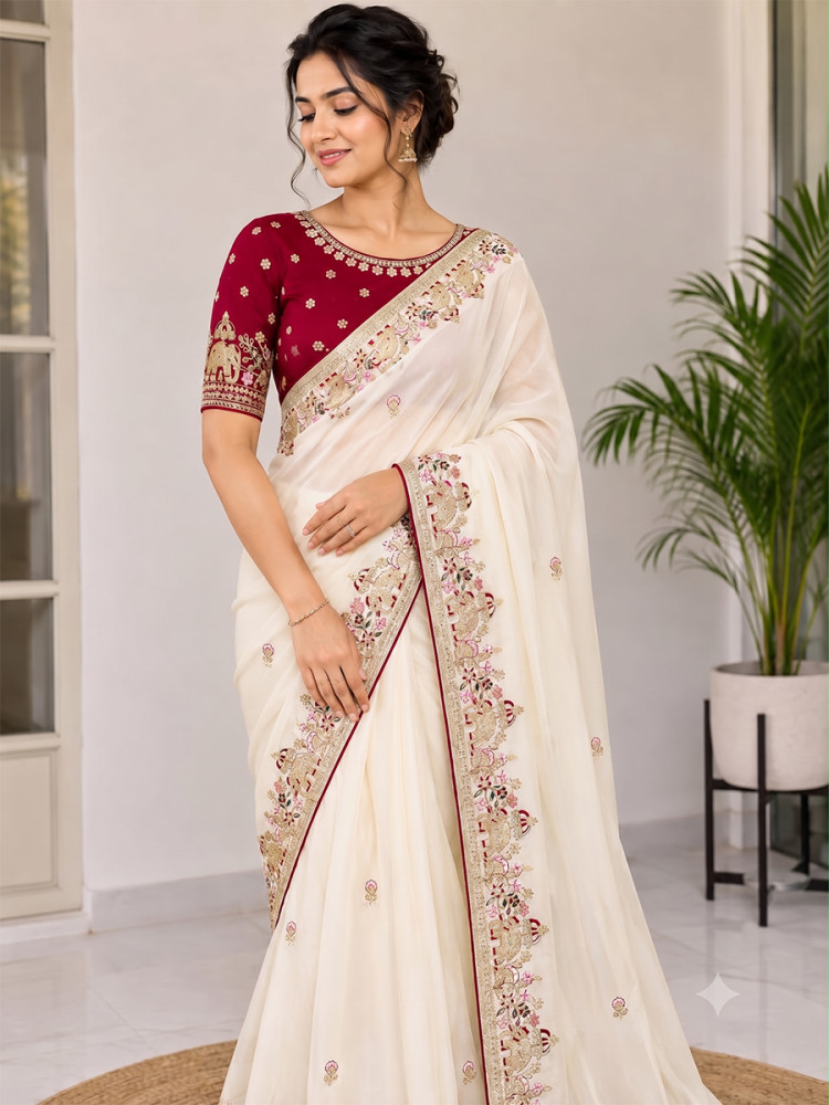 Image of Off White Star Georgette Embroidery Wedding Reception Party Festival Casual Heavy Border Sarees