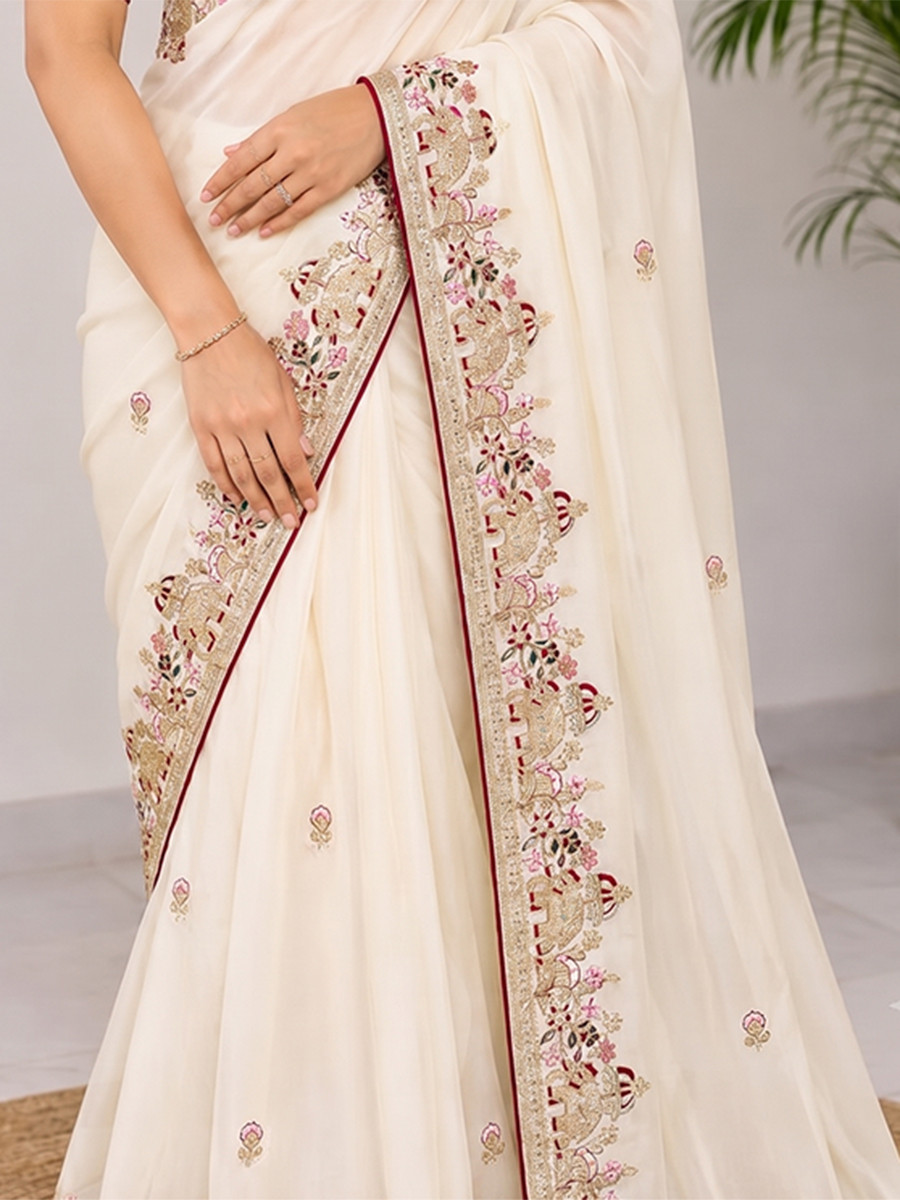 Off White Star Georgette Embroidery Wedding Reception Party Festival Casual Heavy Border Sarees