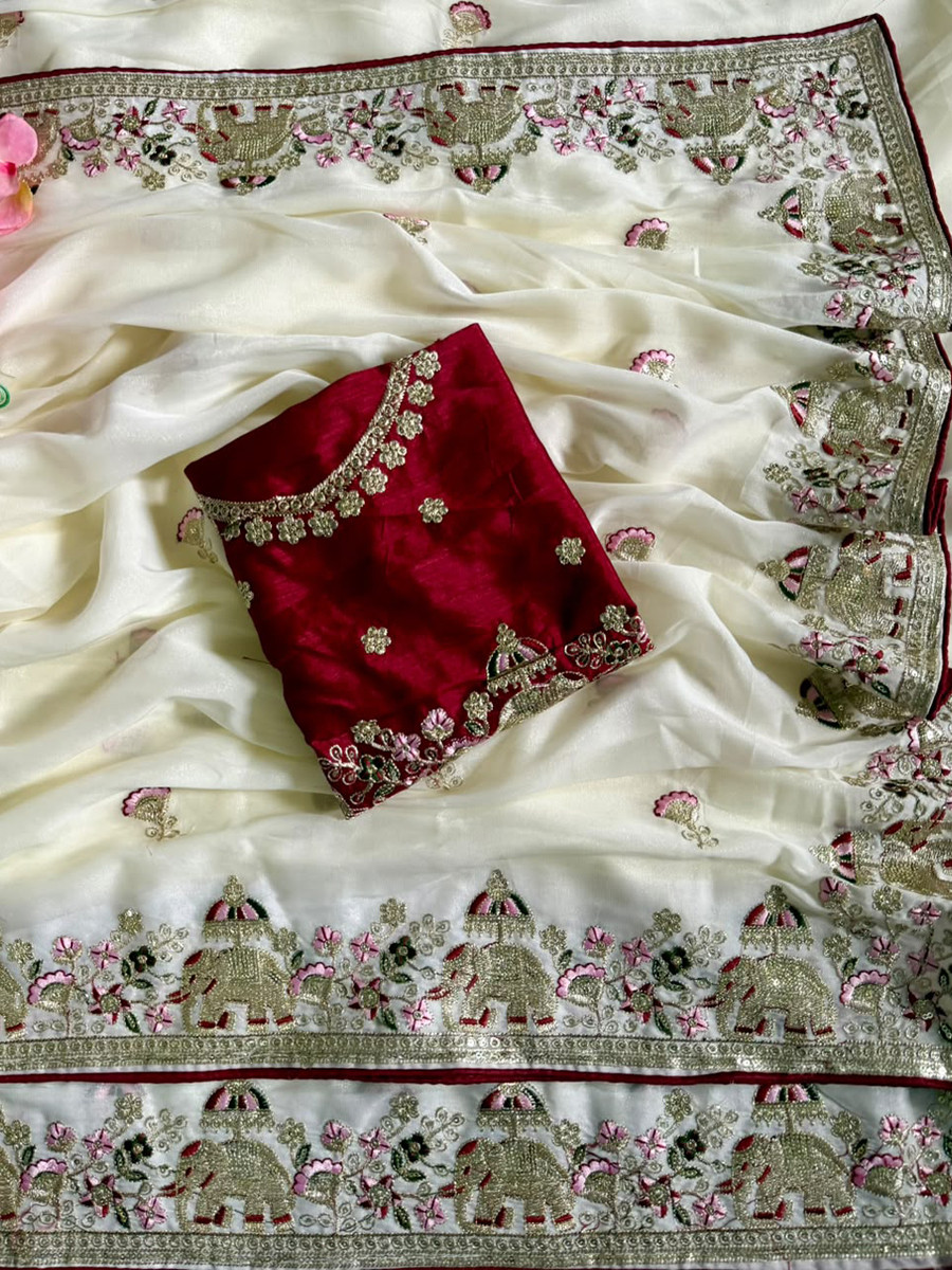 Off White Star Georgette Embroidery Wedding Reception Party Festival Casual Heavy Border Sarees