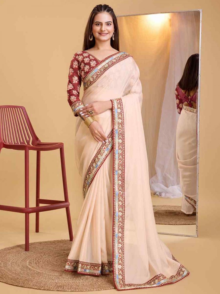 Off White Taby Organza Silk Embroidered Party Reception Heavy Border Saree
