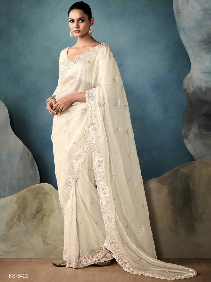 Off-White Tissue Embroidered Festival Wedding Fancy Heavy Border Saree