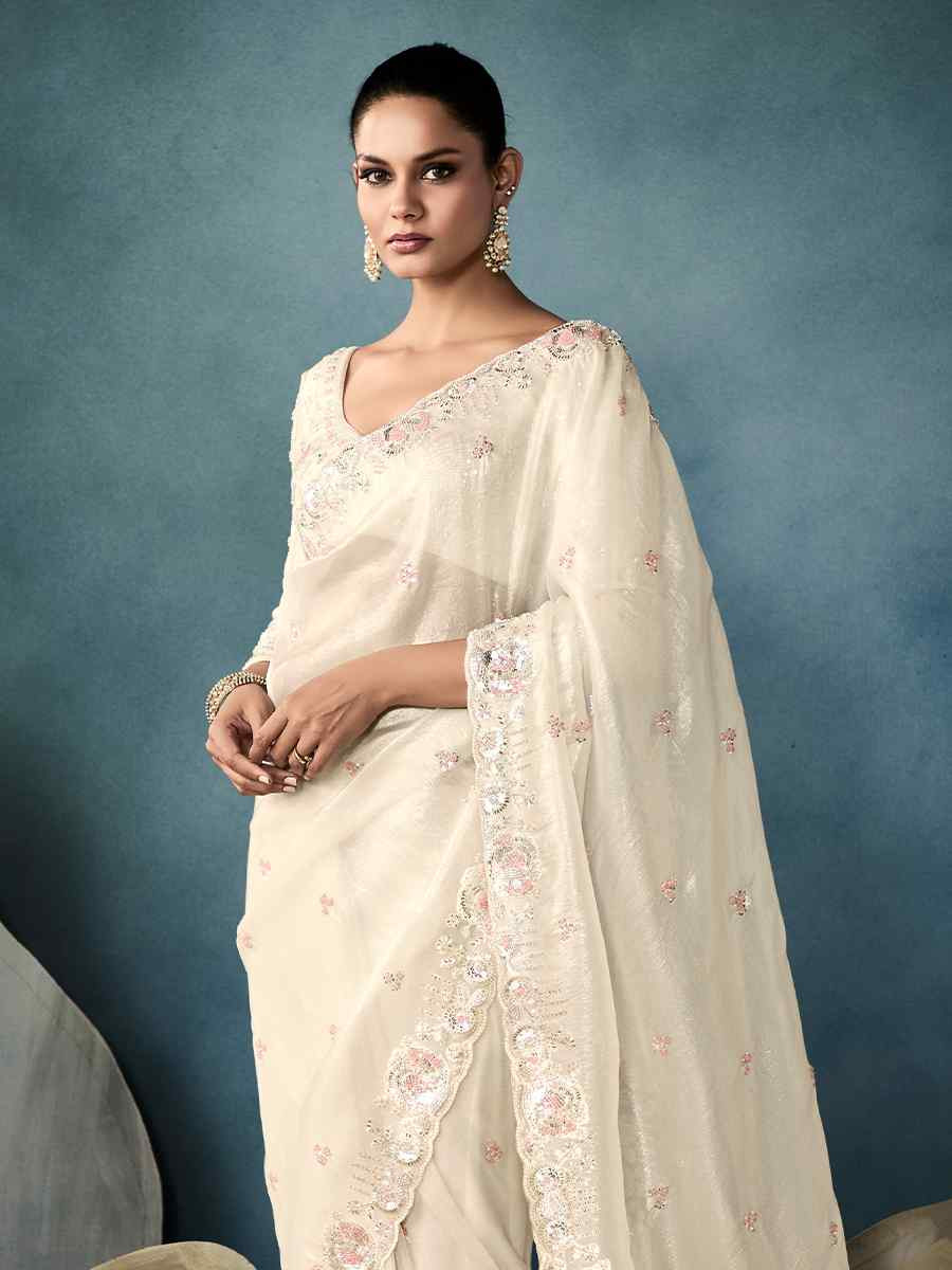 Off-White Tissue Embroidered Festival Wedding Fancy Heavy Border Saree
