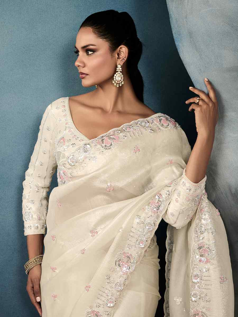 Off-White Tissue Embroidered Festival Wedding Fancy Heavy Border Saree