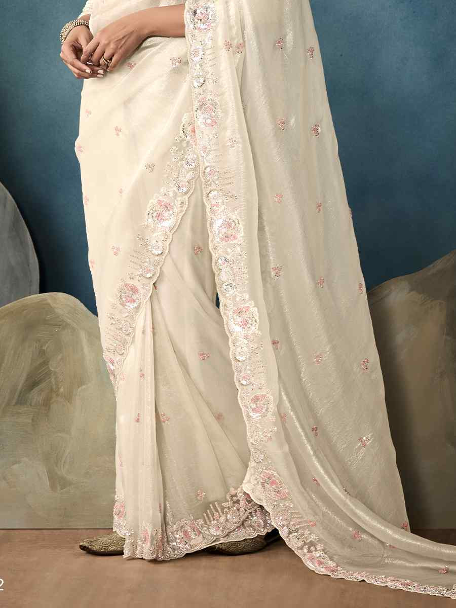 Off-White Tissue Embroidered Festival Wedding Fancy Heavy Border Saree
