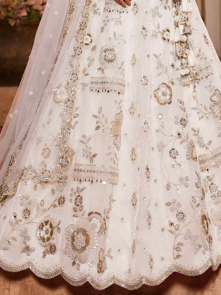 Off White Tissue Embroidered Reception Wedding Heavy Border Lehenga Choli