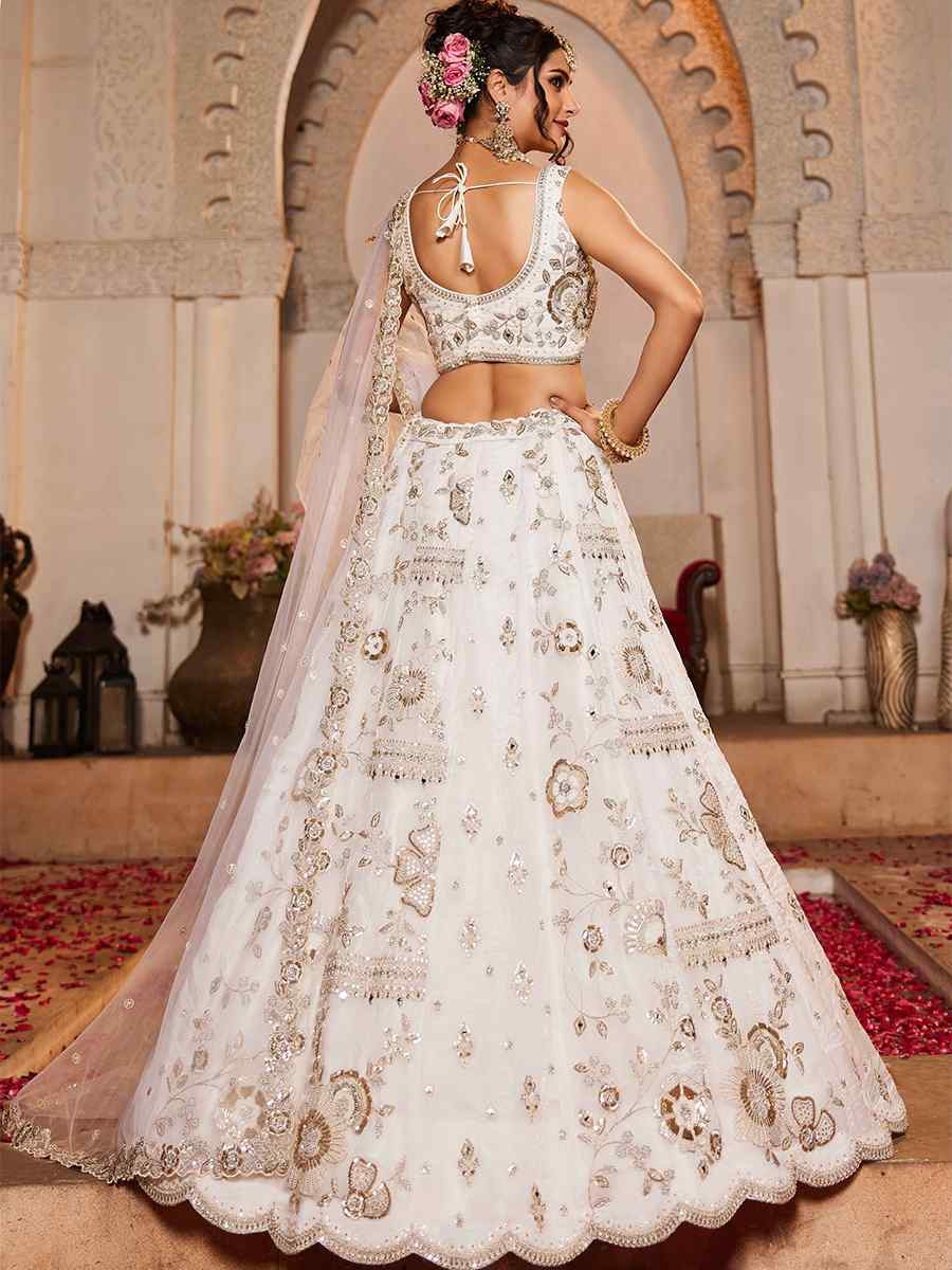 Off White Tissue Embroidered Reception Wedding Heavy Border Lehenga Choli
