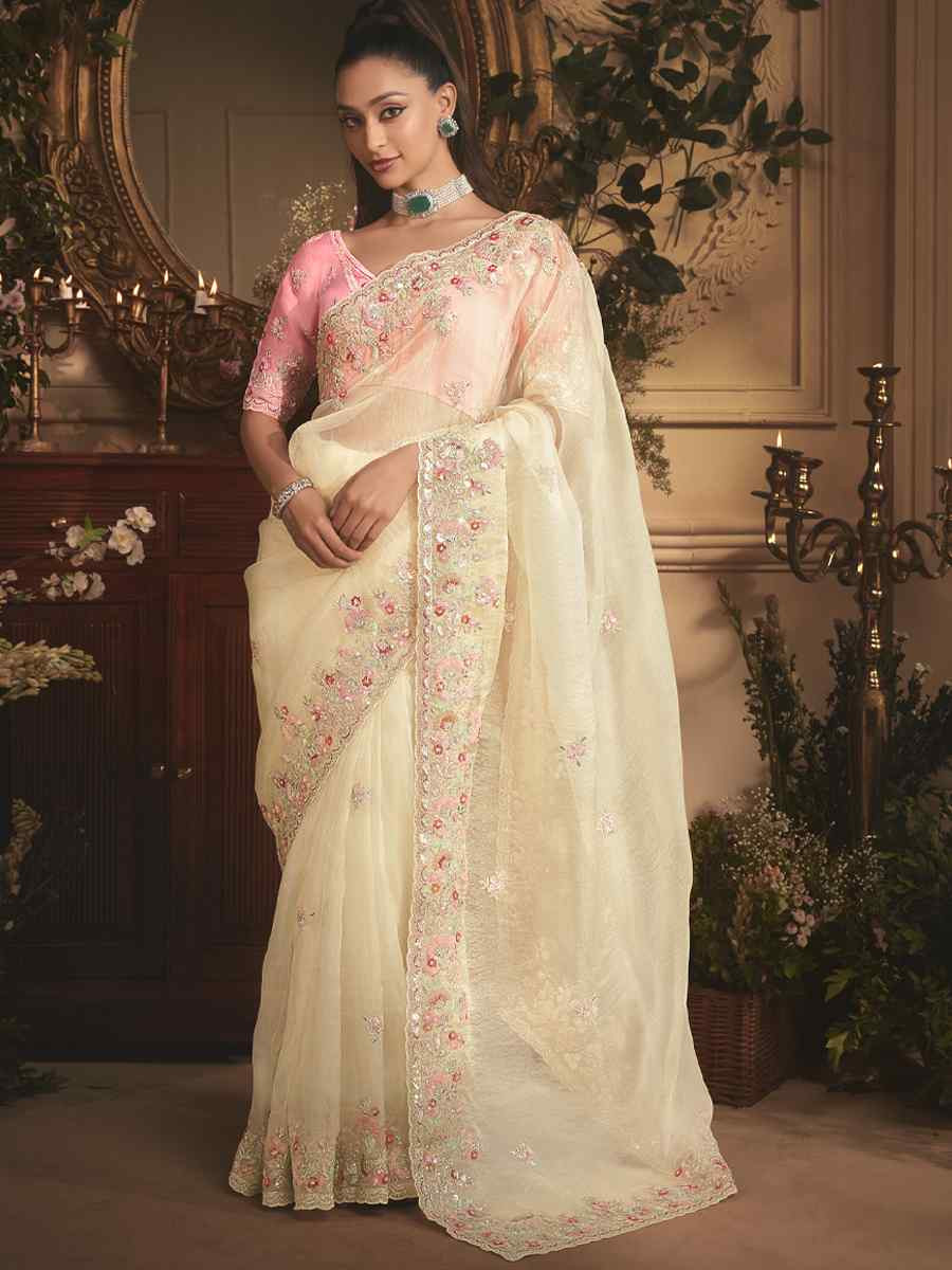 Off-White Tissue Organza Embroidery Traditional Bridal Reception Festival Wedding Fancy Heavy Border Saree