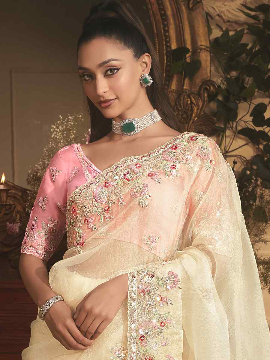 Off-White Tissue Organza Embroidery Traditional Bridal Reception Festival Wedding Fancy Heavy Border Saree