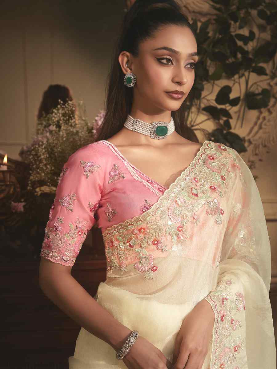 Off-White Tissue Organza Embroidery Traditional Bridal Reception Festival Wedding Fancy Heavy Border Saree