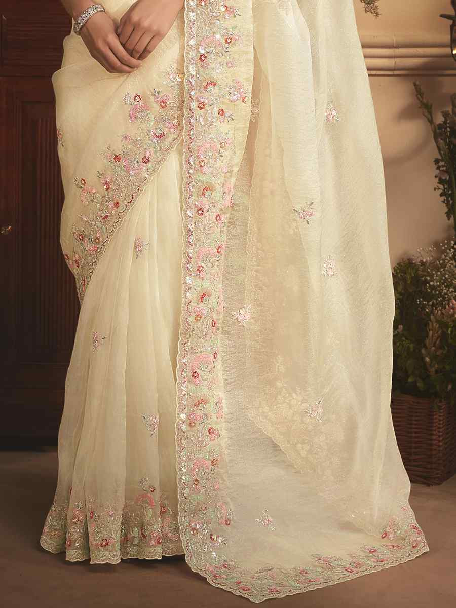 Off-White Tissue Organza Embroidery Traditional Bridal Reception Festival Wedding Fancy Heavy Border Saree