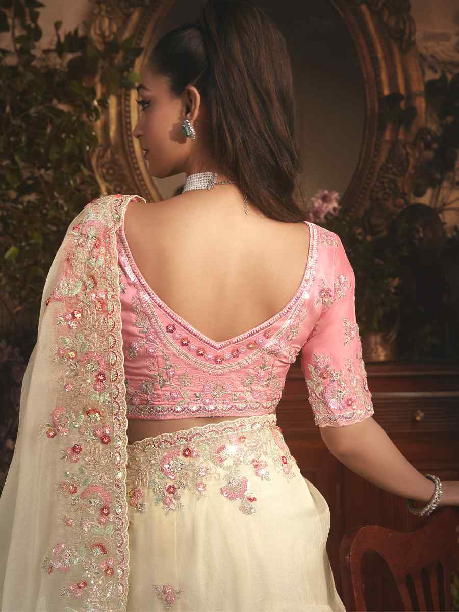 Off-White Tissue Organza Embroidery Traditional Bridal Reception Festival Wedding Fancy Heavy Border Saree