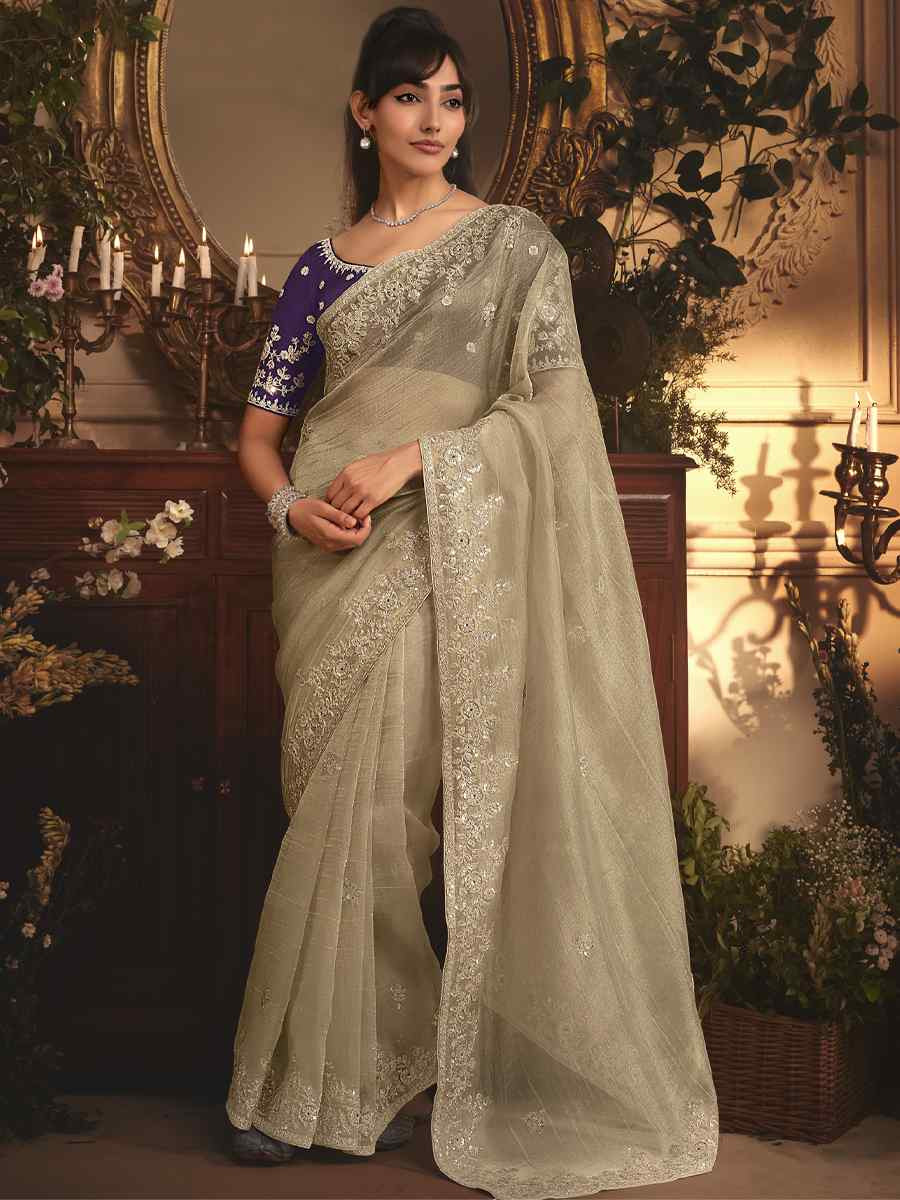 Off-White Tissue Organza Embroidery Traditional Bridal Reception Festival Wedding Fancy Heavy Border Saree