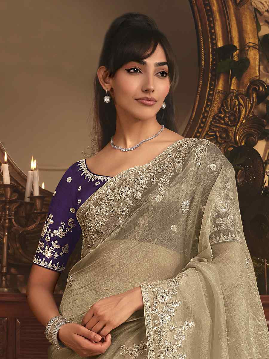 Off-White Tissue Organza Embroidery Traditional Bridal Reception Festival Wedding Fancy Heavy Border Saree