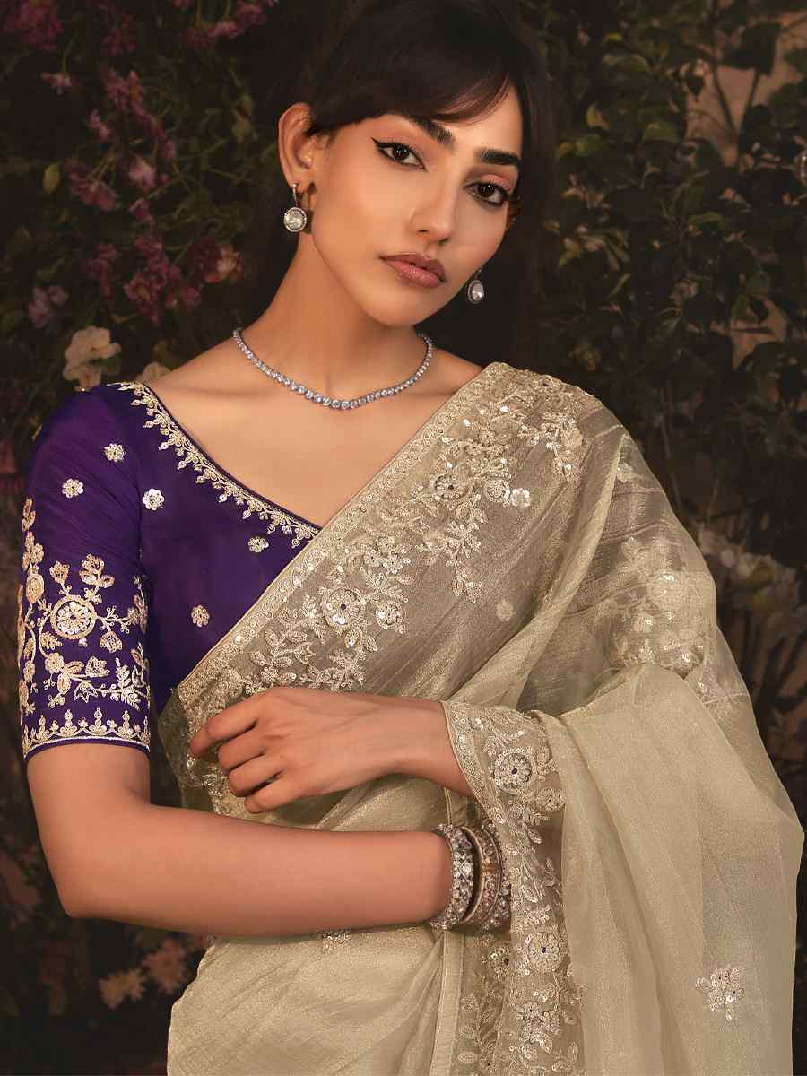 Off-White Tissue Organza Embroidery Traditional Bridal Reception Festival Wedding Fancy Heavy Border Saree