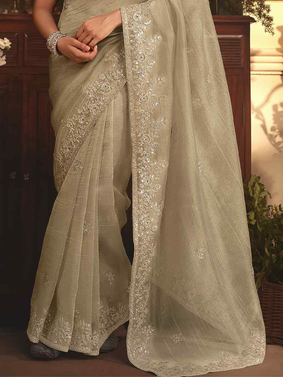 Off-White Tissue Organza Embroidery Traditional Bridal Reception Festival Wedding Fancy Heavy Border Saree