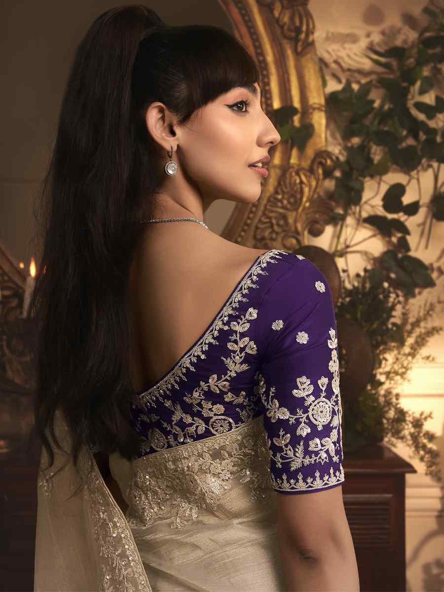 Off-White Tissue Organza Embroidery Traditional Bridal Reception Festival Wedding Fancy Heavy Border Saree