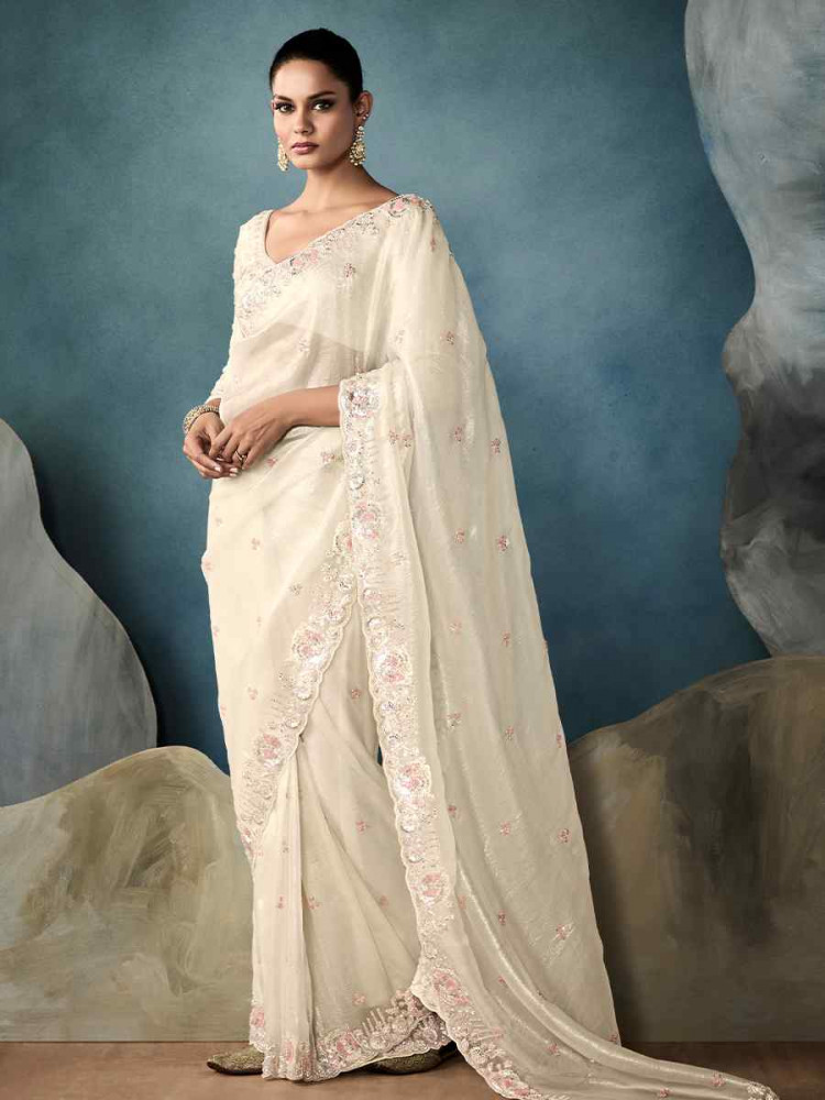Off-White Tissue Silk Embroidered Festival Wedding Fancy Heavy Border Saree