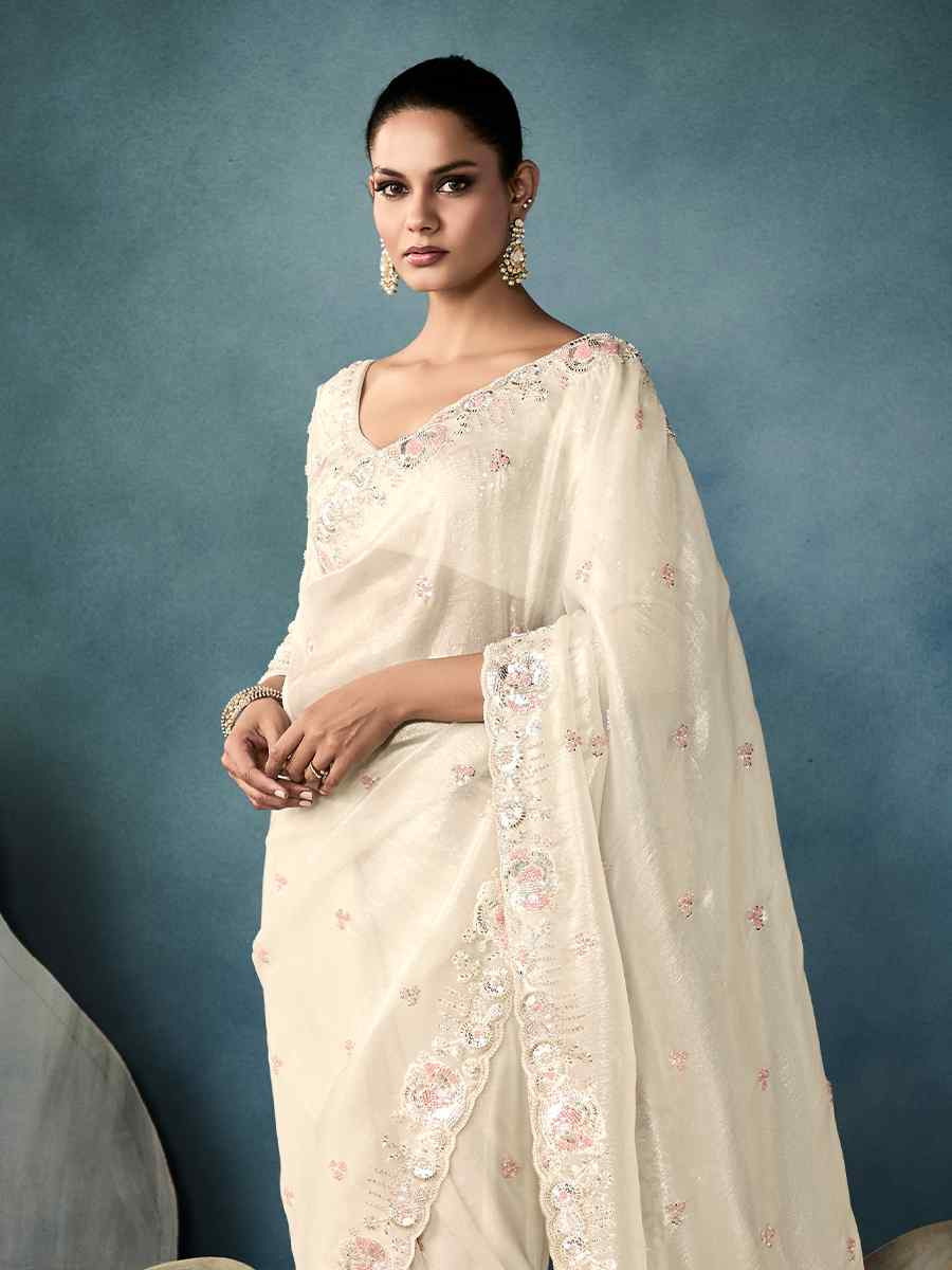 Off-White Tissue Silk Embroidered Festival Wedding Fancy Heavy Border Saree