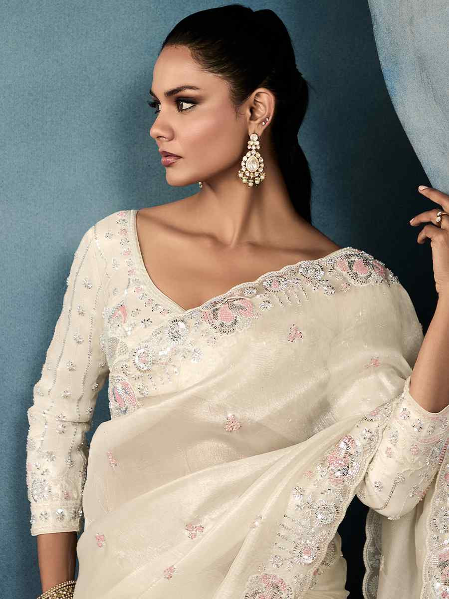 Off-White Tissue Silk Embroidered Festival Wedding Fancy Heavy Border Saree