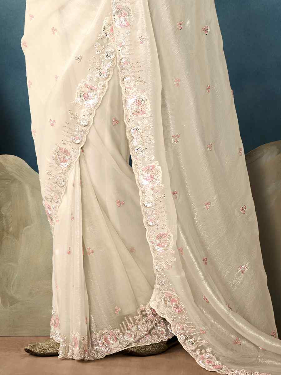 Off-White Tissue Silk Embroidered Festival Wedding Fancy Heavy Border Saree