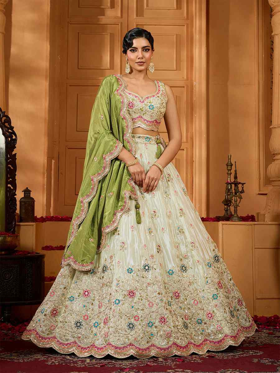 Off-White Tissue Silk Embroidered Wedding Reception Festival Heavy Border Lehenga Choli