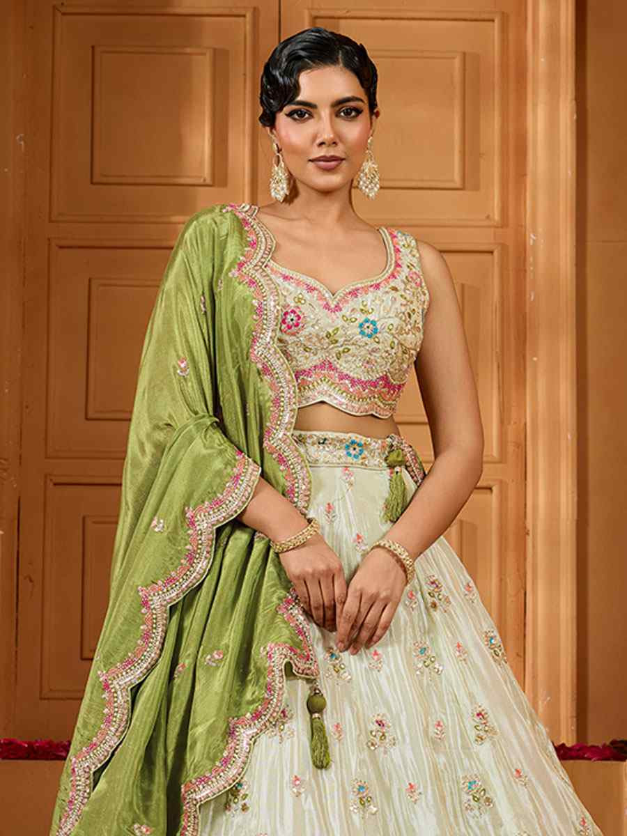Off-White Tissue Silk Embroidered Wedding Reception Festival Heavy Border Lehenga Choli
