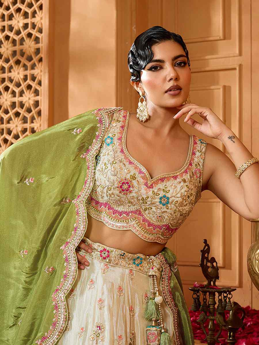 Off-White Tissue Silk Embroidered Wedding Reception Festival Heavy Border Lehenga Choli