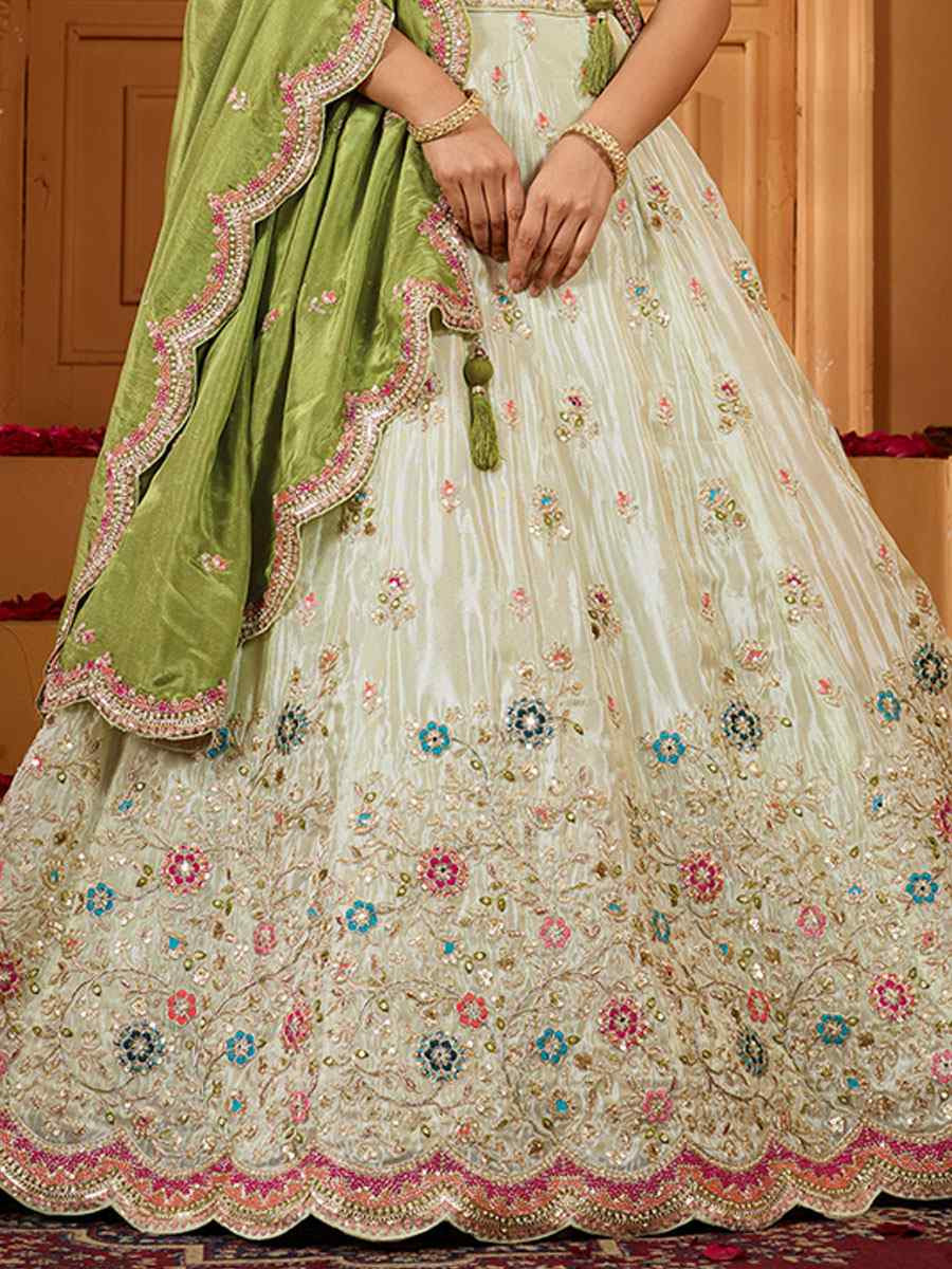 Off-White Tissue Silk Embroidered Wedding Reception Festival Heavy Border Lehenga Choli