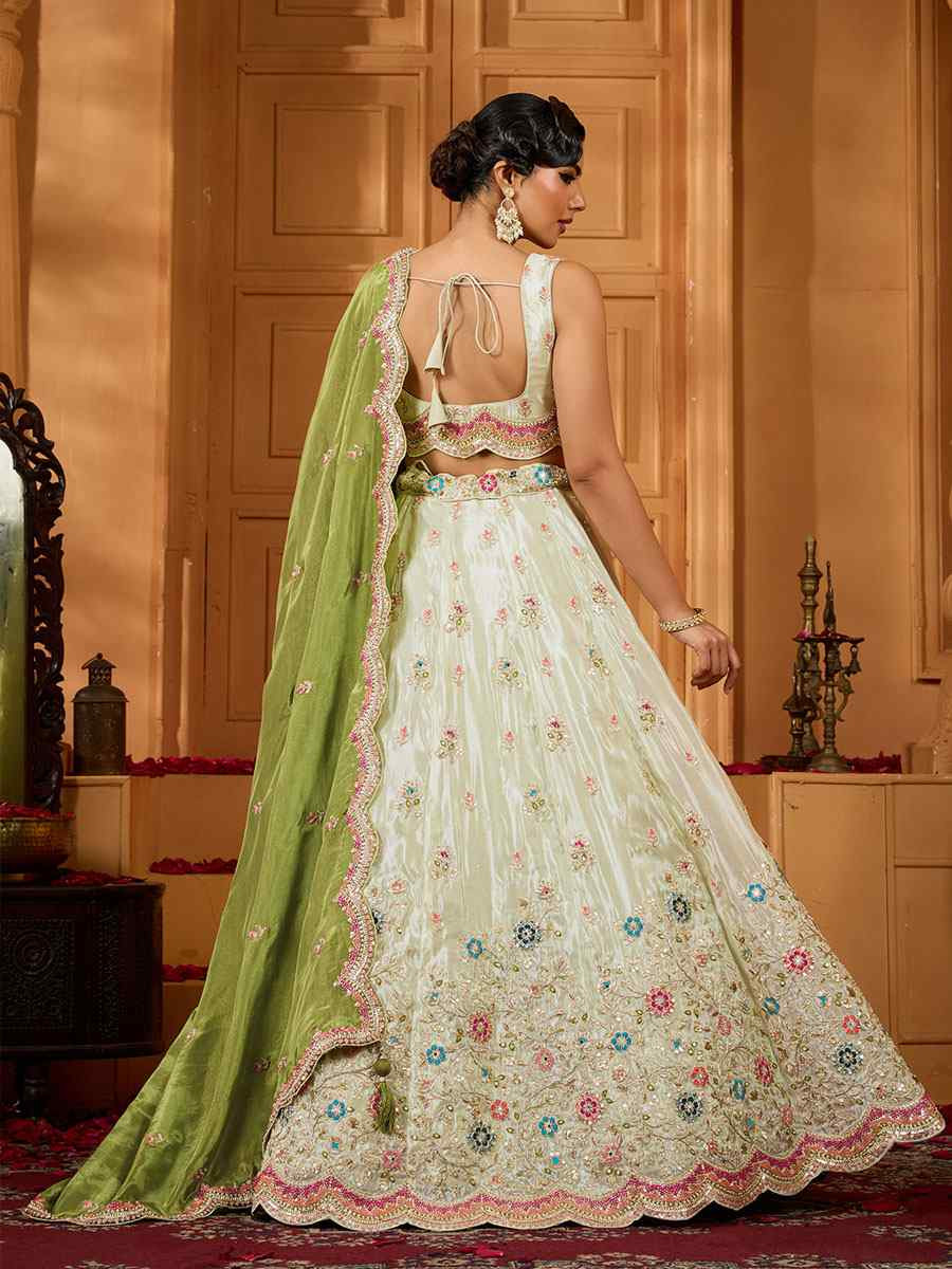 Off-White Tissue Silk Embroidered Wedding Reception Festival Heavy Border Lehenga Choli