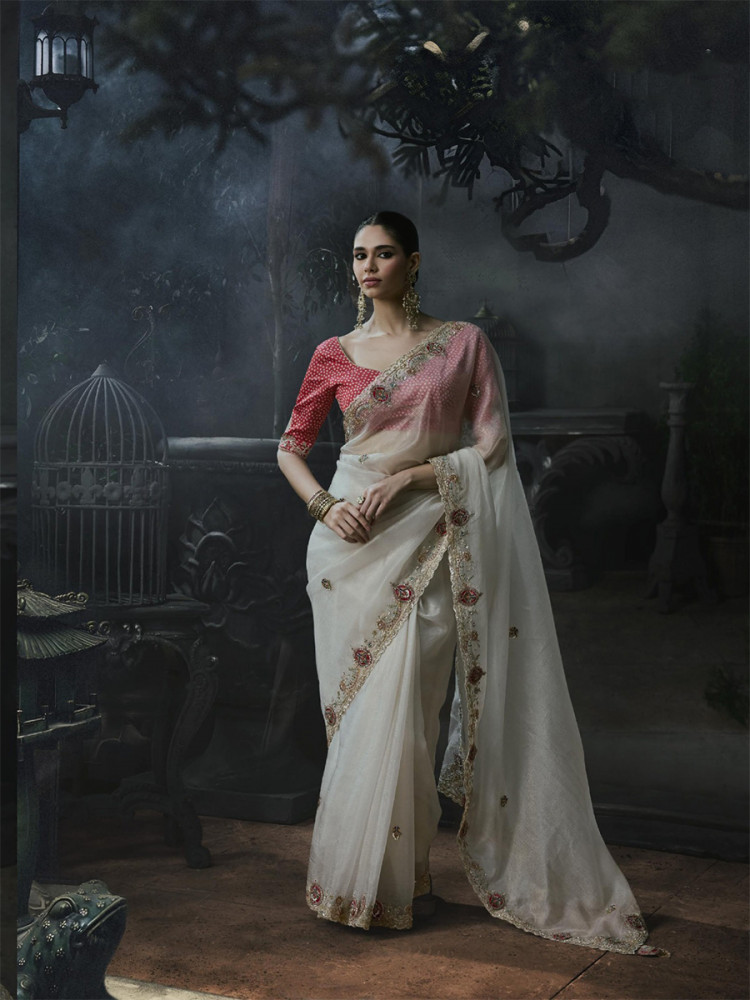 Image of Off-White Tissue Silk Embroidery Stone Work Sequins Wedding Reception Party Festival Casual Heavy Border Sarees