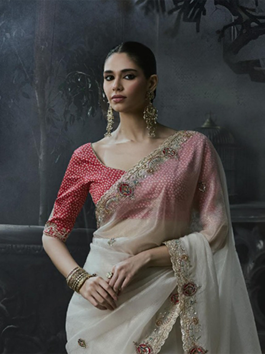 Off-White Tissue Silk Embroidery Stone Work Sequins Wedding Reception Party Festival Casual Heavy Border Sarees