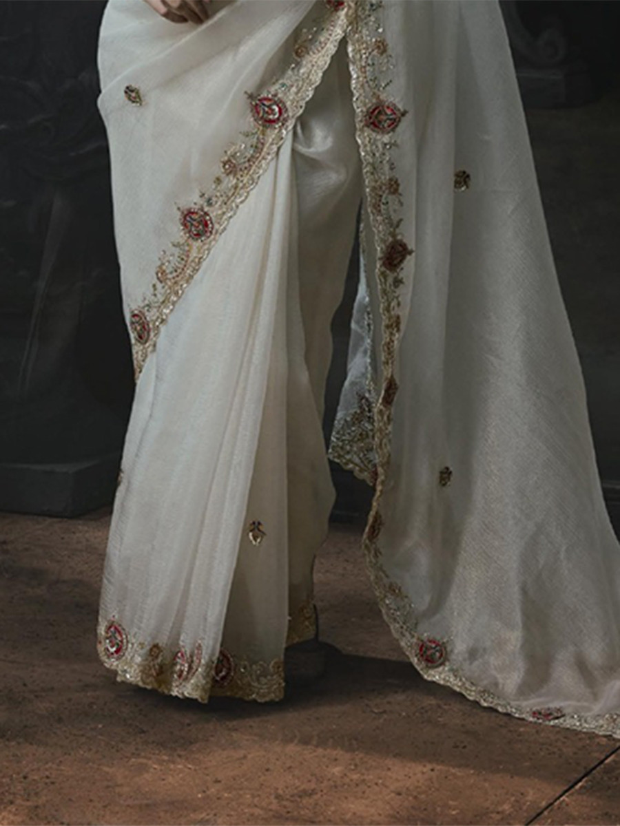 Off-White Tissue Silk Embroidery Stone Work Sequins Wedding Reception Party Festival Casual Heavy Border Sarees