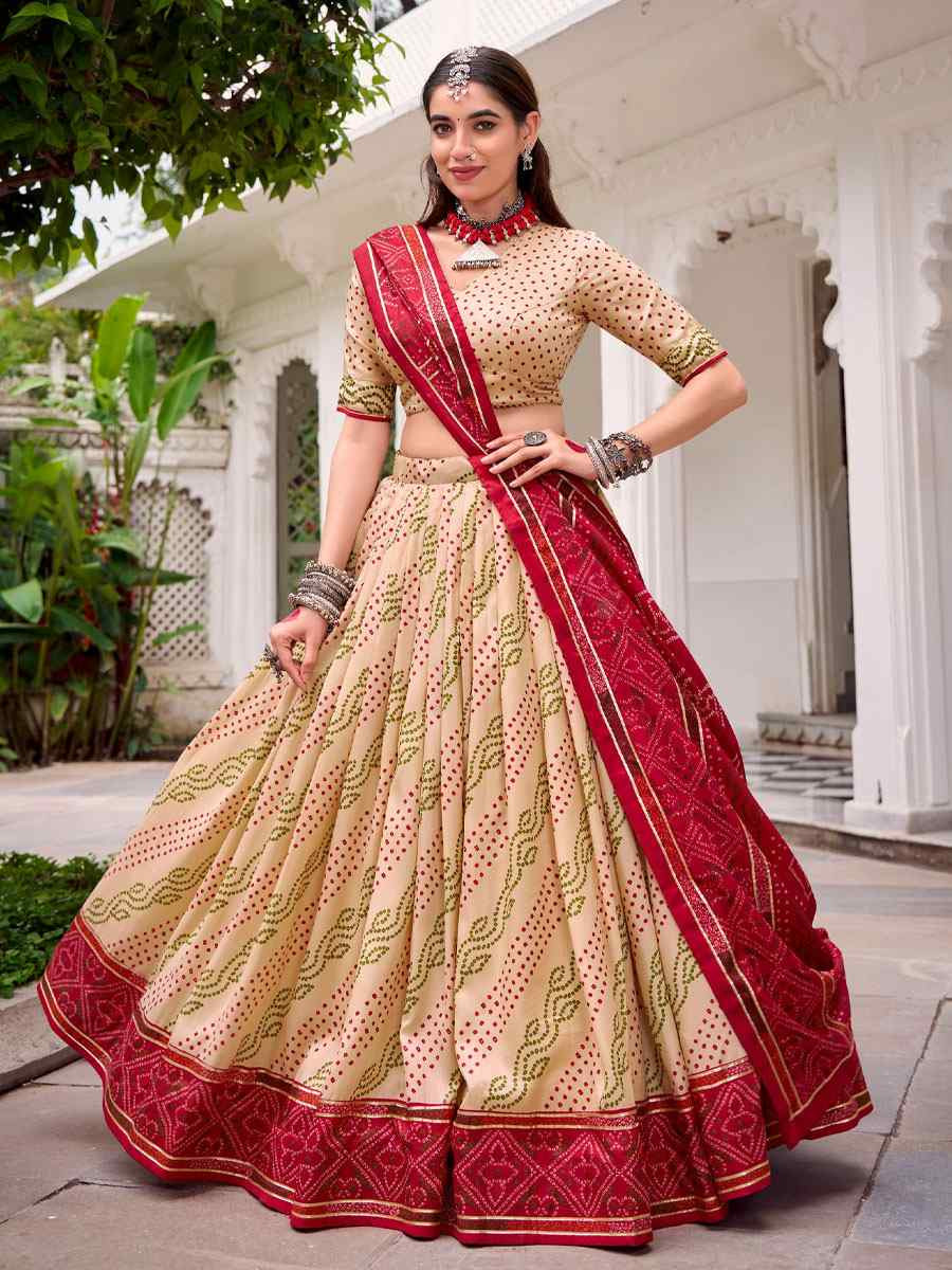 Off White Tussar Silk Bhandej Printed Handwoven Festival Wedding Party Reception Heavy Border Lehenga Choli