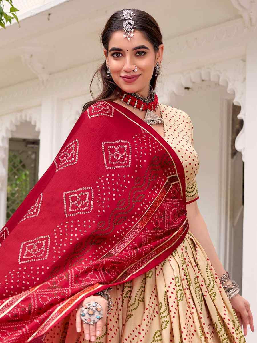 Off White Tussar Silk Bhandej Printed Handwoven Festival Wedding Party Reception Heavy Border Lehenga Choli