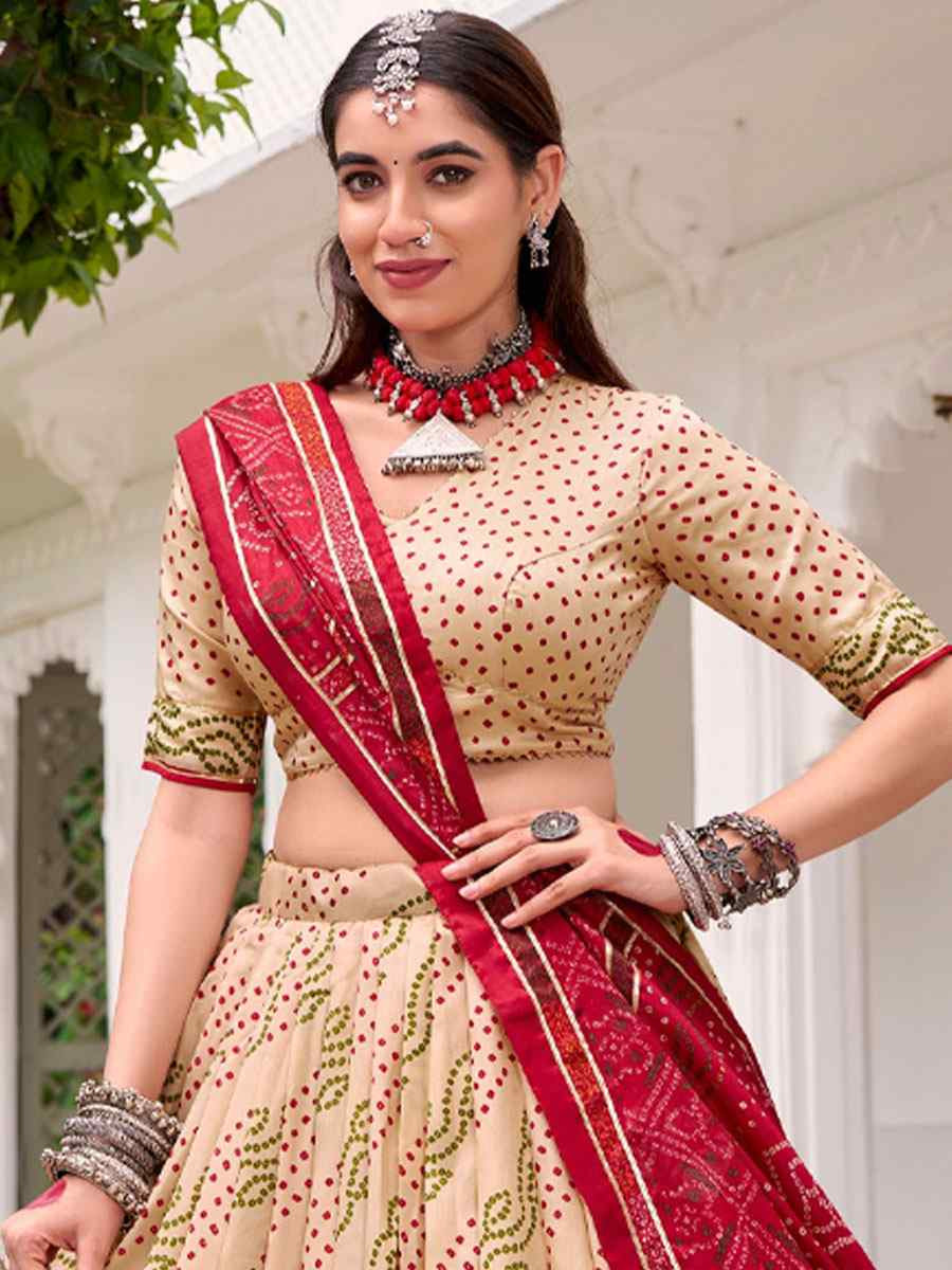 Off White Tussar Silk Bhandej Printed Handwoven Festival Wedding Party Reception Heavy Border Lehenga Choli