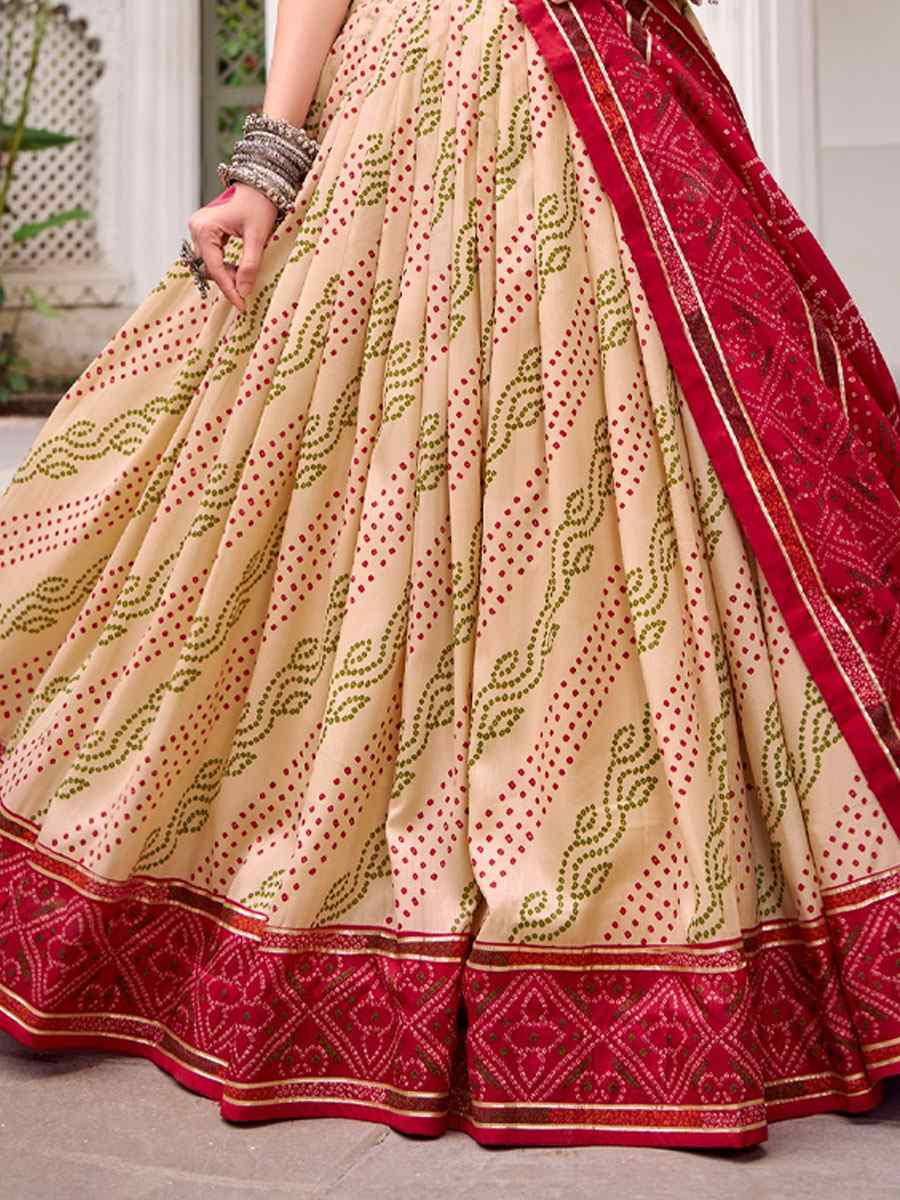 Off White Tussar Silk Bhandej Printed Handwoven Festival Wedding Party Reception Heavy Border Lehenga Choli