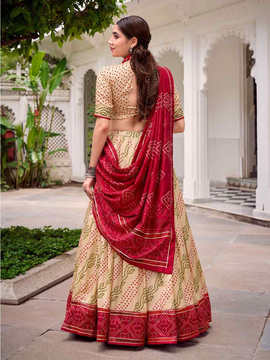 Off White Tussar Silk Bhandej Printed Handwoven Festival Wedding Party Reception Heavy Border Lehenga Choli