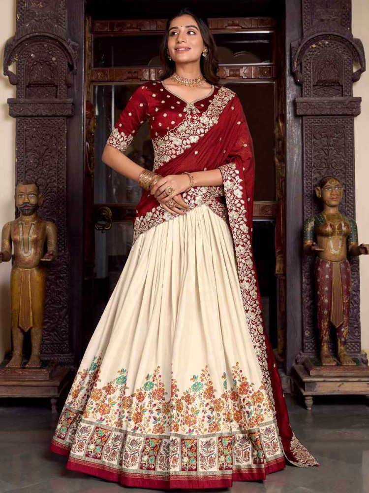 Off White Tussar Silk Printed Party Reception Wedding Lehenga Choli