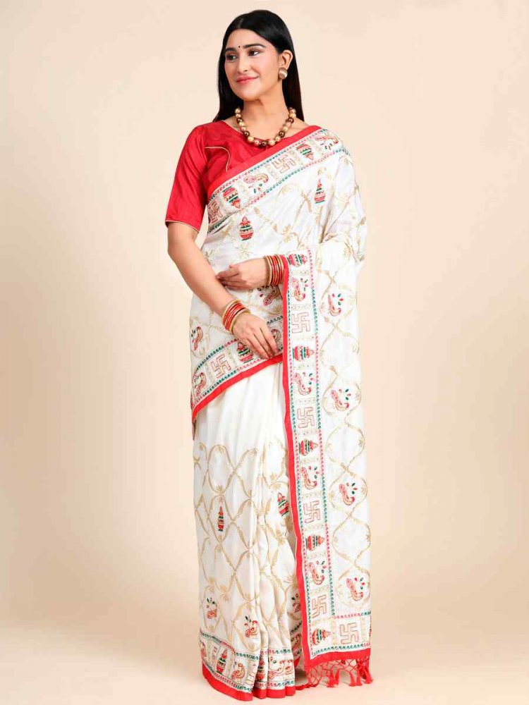 Off White Vichitra Silk Embroidered Party Wedding Classic Style Saree
