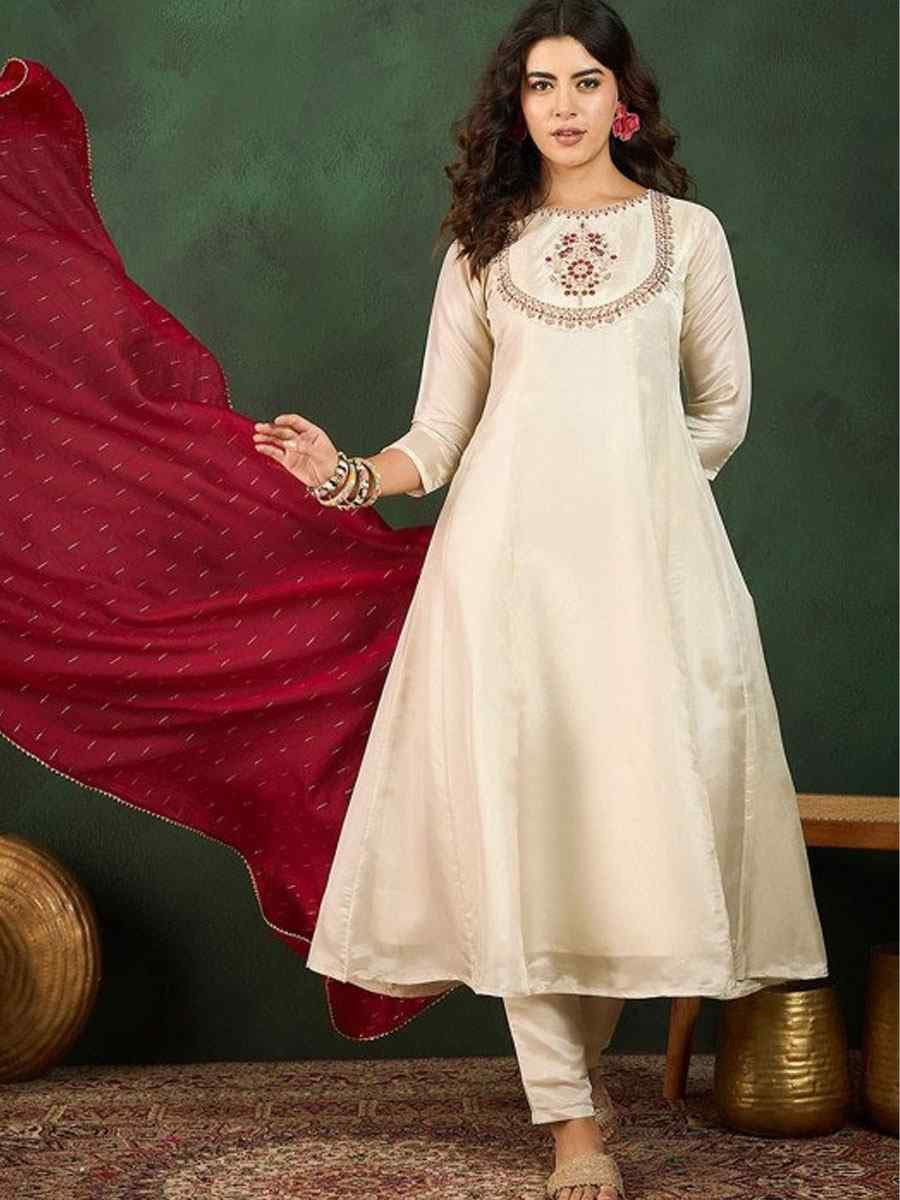 Off-White Vichitra Silk Embroidered Party Wedding Ready Anarkali Salwar Kameez