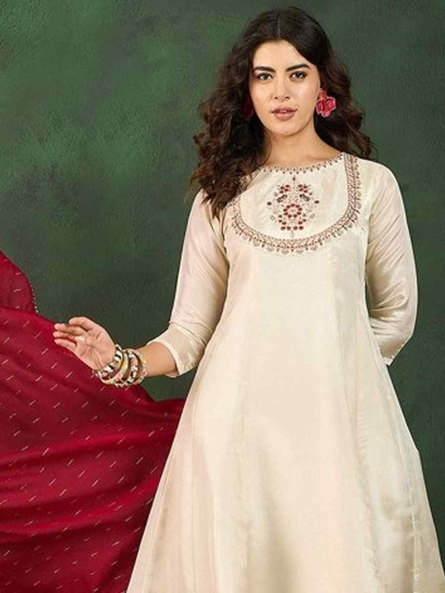 Off-White Vichitra Silk Embroidered Party Wedding Ready Anarkali Salwar Kameez